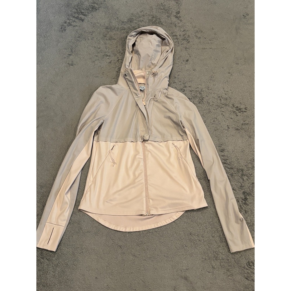 FLX Active Jacket Womens XS Beige Hooded Full Zip Stretch Long Sleeve Light